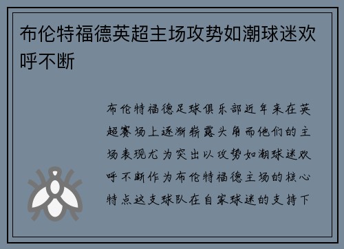 布伦特福德英超主场攻势如潮球迷欢呼不断 布伦特福德英超主场攻势如潮球迷欢呼不断